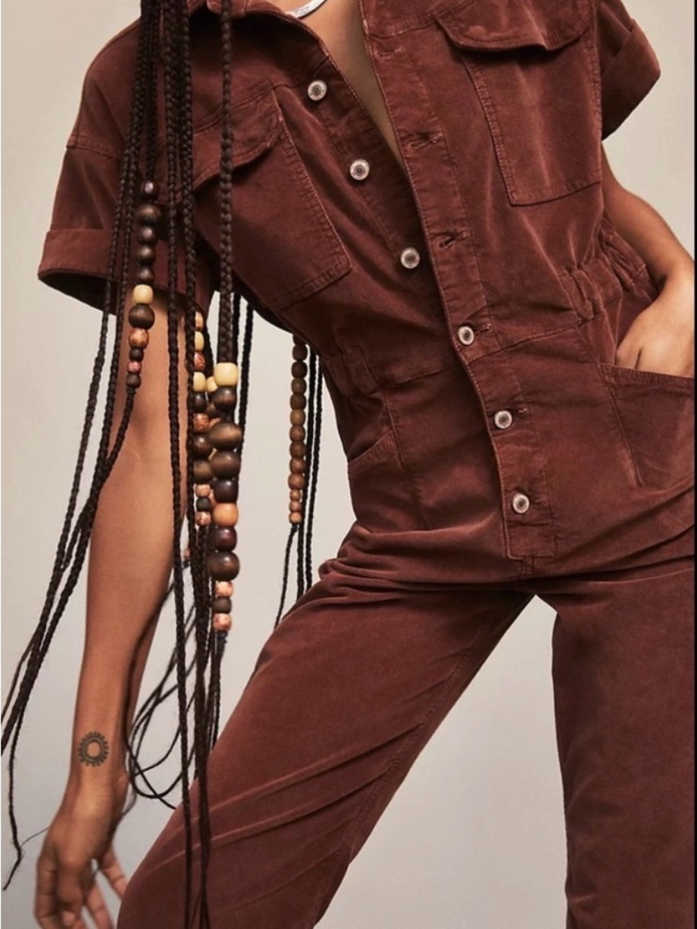 Free People Brick Brown Short-Sleeve Utility Jumpsuit